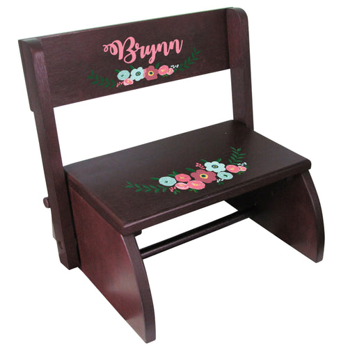 Personalized Teal Spring Floral Espresso Flip Stool