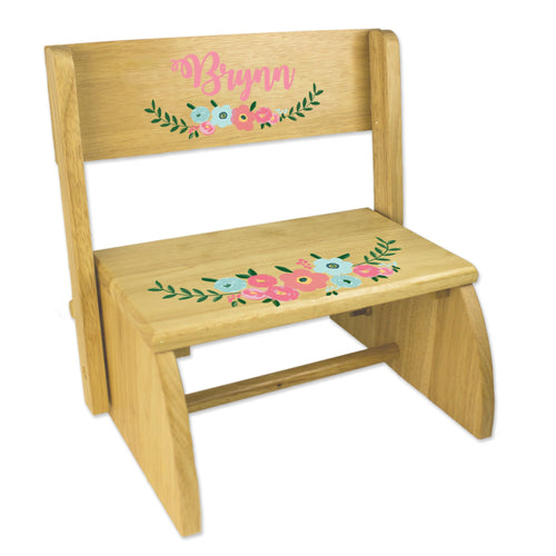 Personalized Teal Spring Floral Natural Flip Stool