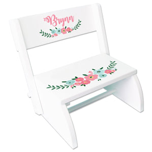 Personalized Teal Spring Floral White Flip Stool