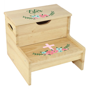 Natural Storage Step Stool Spring Floral with Cross Prayer