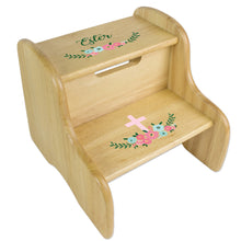 Personalized Natural Two Step Stool - Spring Floral with Cross