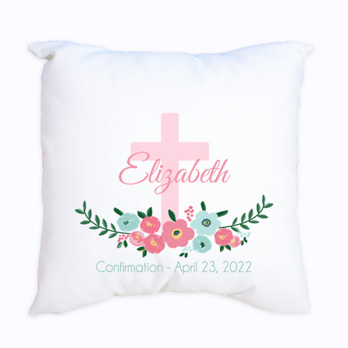 Personalized Throw Pillow - Spring Floral with Cross