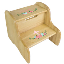 Personalized Natural Two Step Stool - Spring Floral with Cross