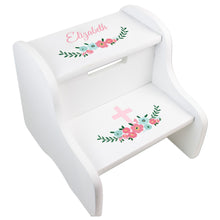 Personalized White Two Step Stool - Spring Floral with Cross