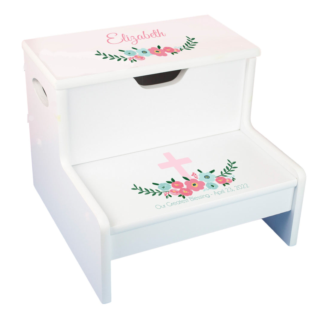 White Storage Step Stool - Spring Floral with Cross