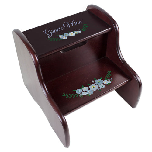 Personalized Espresso Two Step Stool - Blue Spring Floral