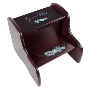 Personalized Espresso Two Step Stool - Blue Spring Floral