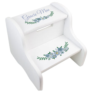 Personalized White Two Step Stool - Blue Spring Floral