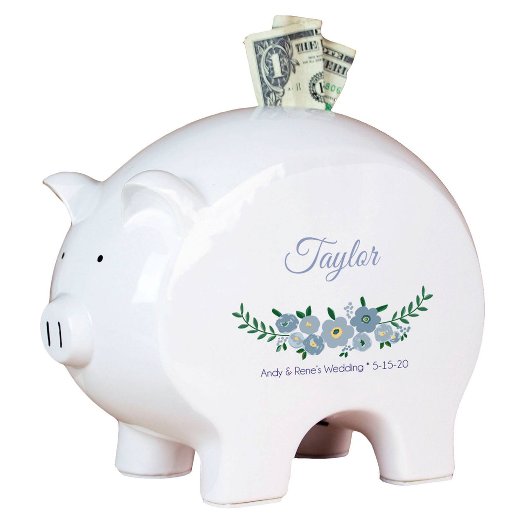 Personalized White Piggy Bank - Blue Spring Floral