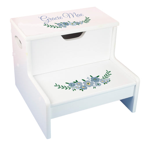 White Storage Step Stool - Blue Spring Floral