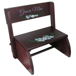 Personalized Blue Spring Floral Espresso Flip Stool