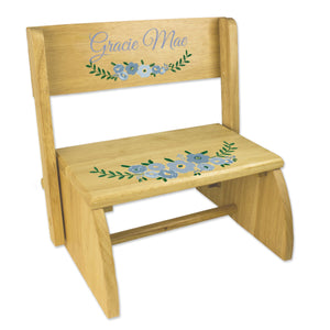 Personalized Blue Spring Floral Natural Flip Stool