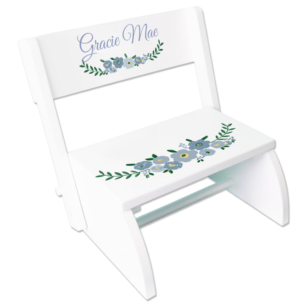 Personalized Blue Spring Floral White Flip Stool