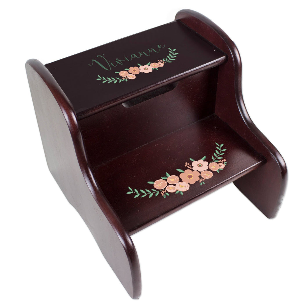 Personalized Espresso Two Step Stool - Blush Spring Floral