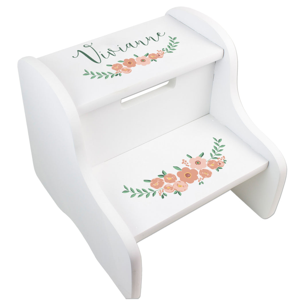 Personalized White Two Step Stool - Blush Spring Floral
