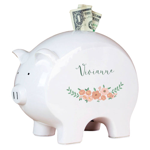 Personalized White Piggy Bank - Blush Spring Floral