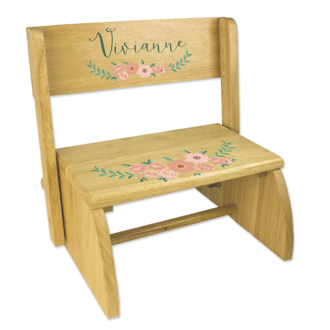 Personalized Blush Spring Floral Natural Flip Stool