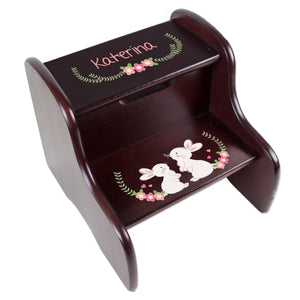 Personalized Espresso Two Step Stool - Floral Bunny