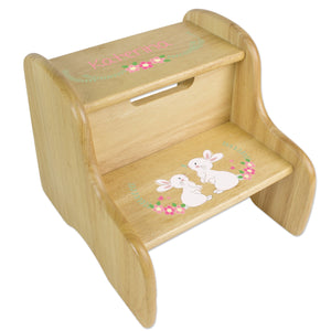 Personalized Natural Two Step Stool - Floral Bunny