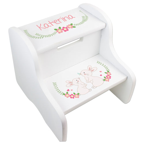 Personalized White Two Step Stool - Floral Bunny