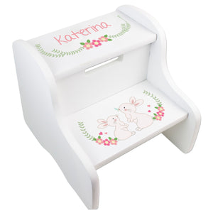 Personalized White Two Step Stool - Floral Bunny