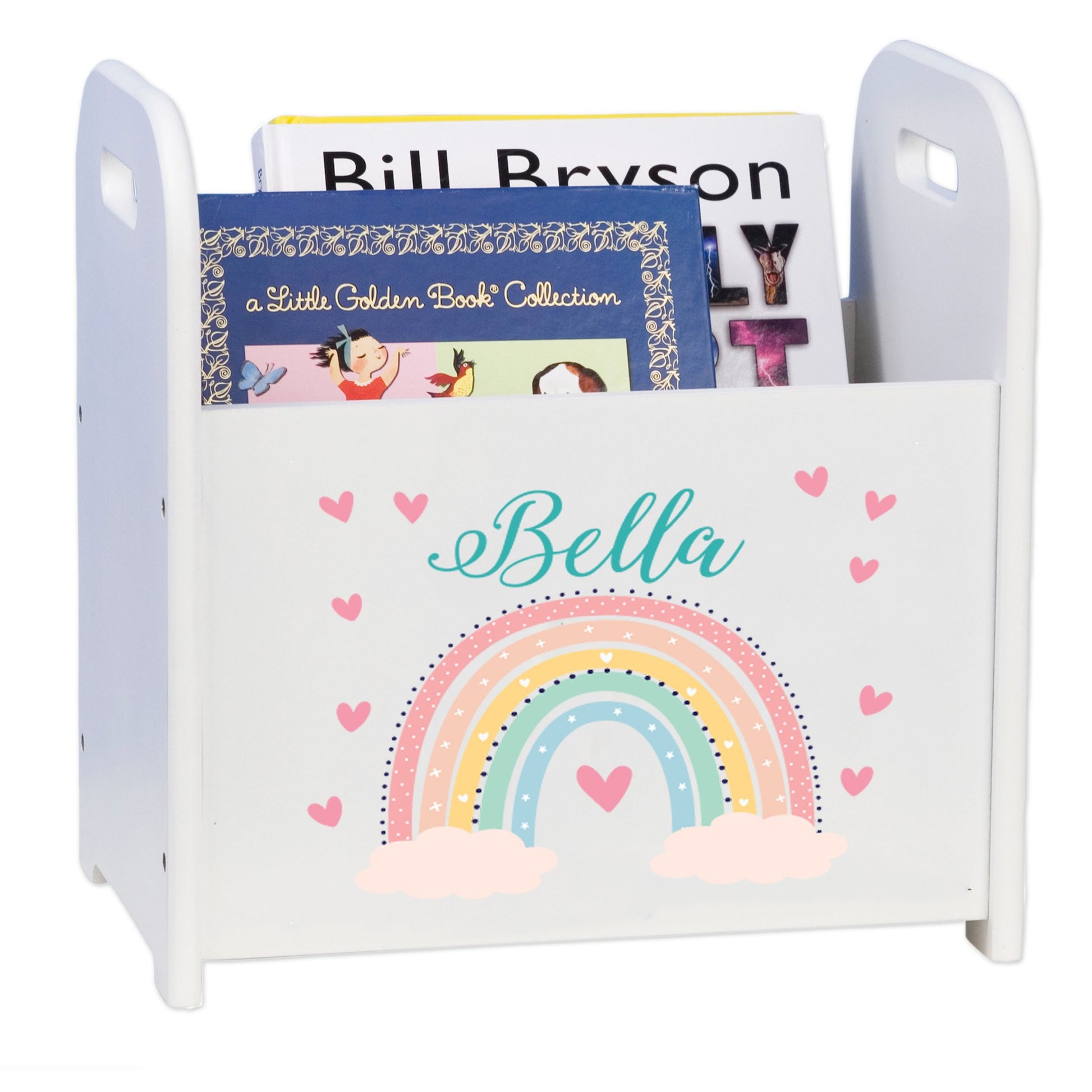 White personalized boho rainbow book caddy