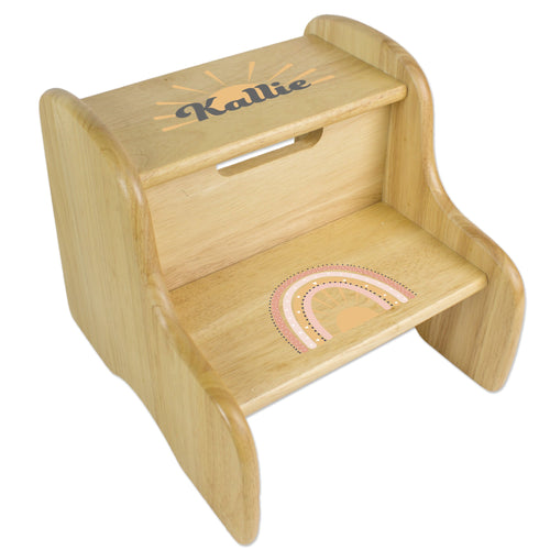 Personalized Natural Two Step Stool - Retro Boho Rainbow