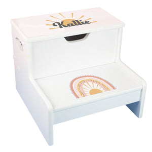White Storage Step Stool - Retro Boho Rainbow