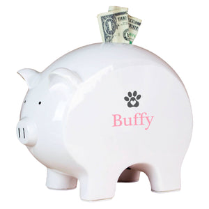 Personalized White Piggy Bank - Paw Print with Heart