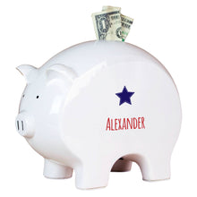 Personalized White Piggy Bank - Blue Star