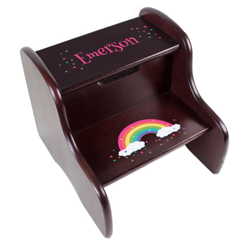 Personalized Espresso Two Step Stool - Bright Rainbow