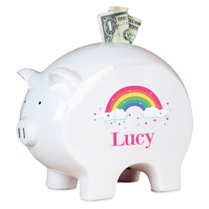 Personalized White Piggy Bank - Bright Rainbow