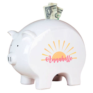 Personalized White Piggy Bank - Retro Sunburst