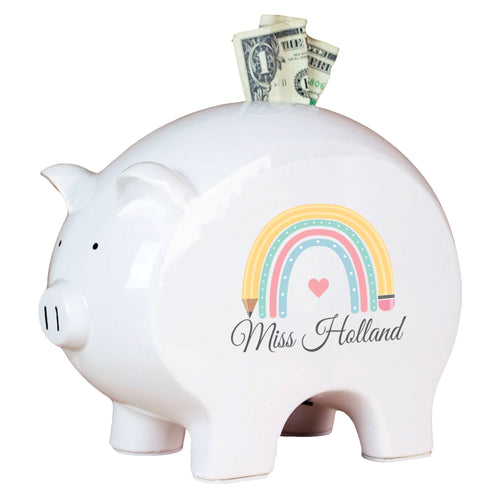 Personalized White Piggy Bank - Teacher Rainbow