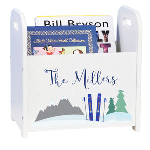 Personalized Book Caddy and Storage With Mountain Ski Design