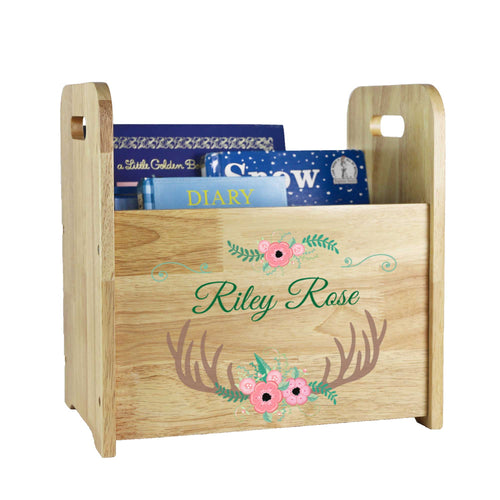 Personalized Floral Antler Wood Book Caddy