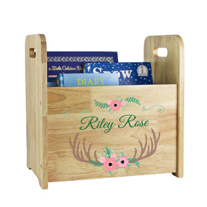 Personalized Floral Antler Wood Book Caddy