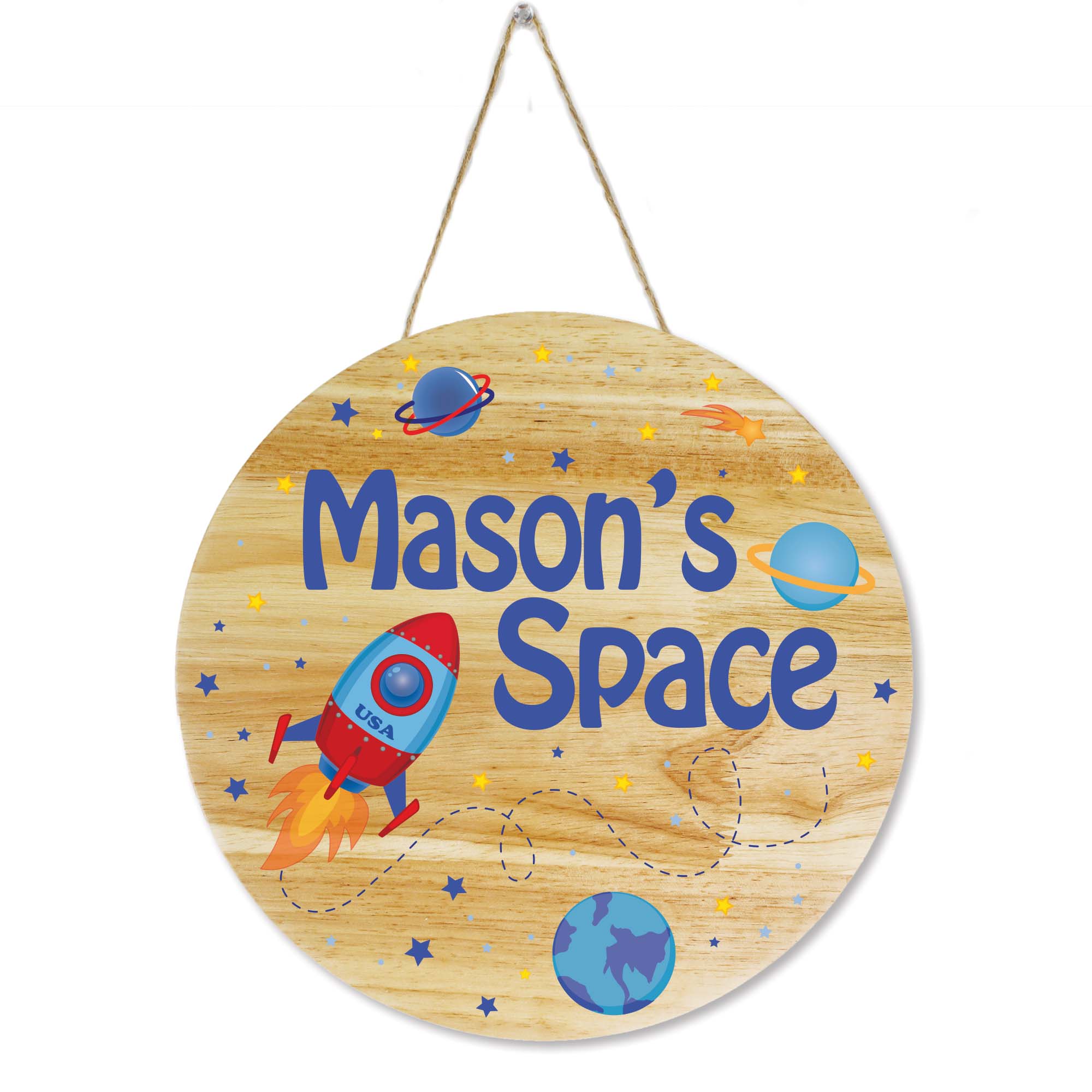 personalized round wood door sign for boys space bedroom