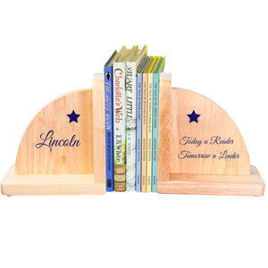 Natural Wood Bookends - Blue Star with Quote