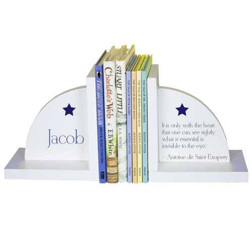 White Bookends - Blue Star with Quote