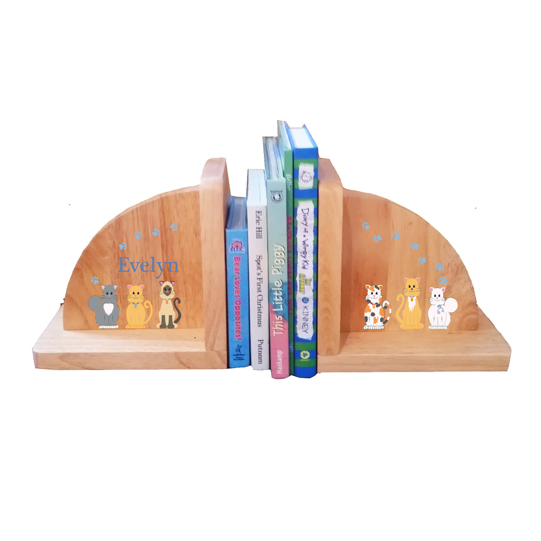 Natural Wood Blue Cats Bookends