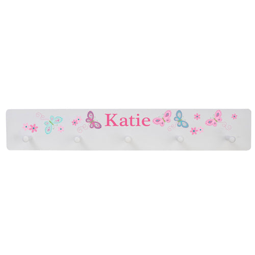 White Five Peg Rack - Aqua and Pink Butterflies