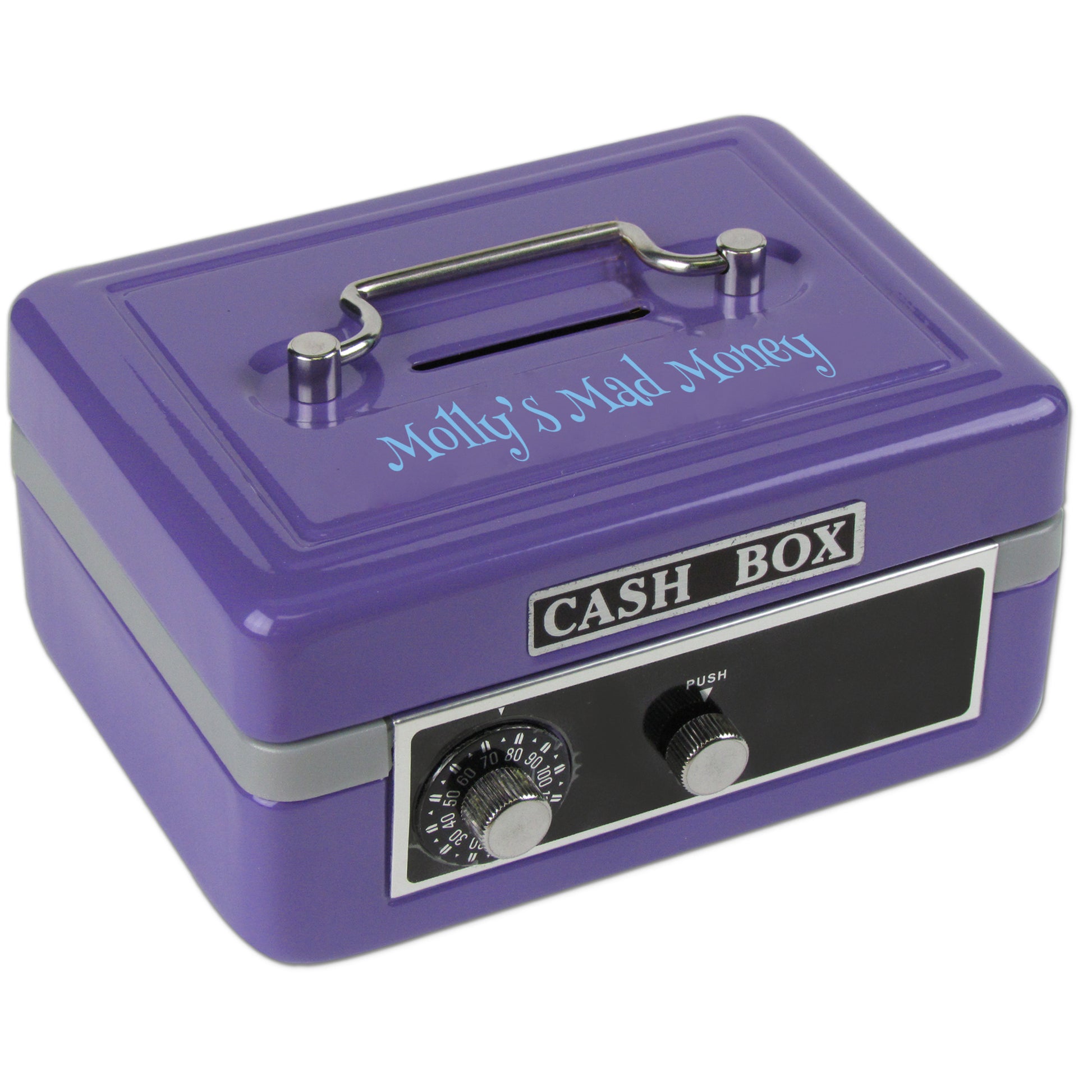 personalized purple cash box with childs name message