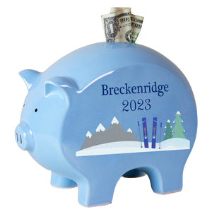 Personalized Blue Piggy Bank - Mountain Ski