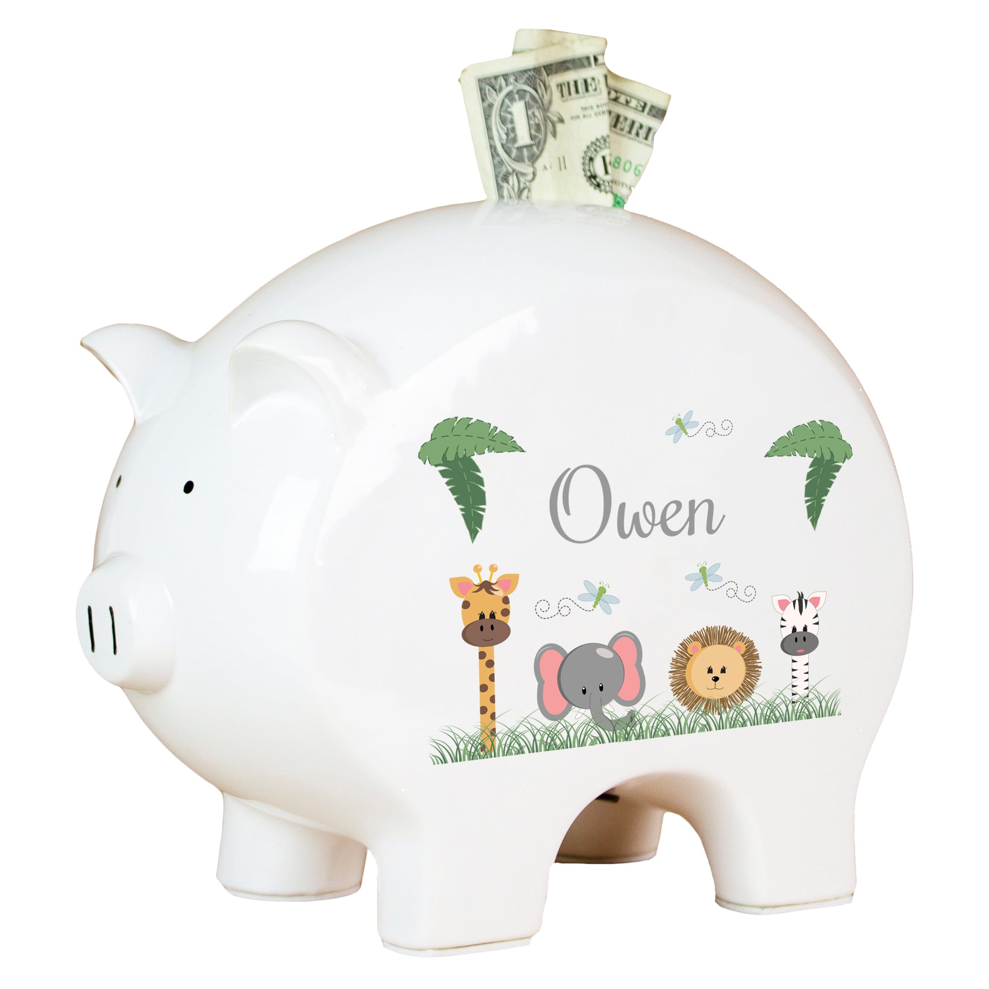 Personalized White Piggy Bank Jungle Animals Personalized Gifts
