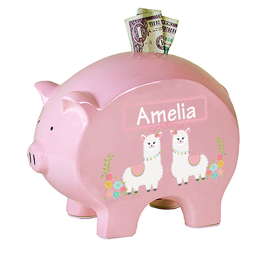 Personalized Pink Piggy Bank with Alpaca Llama design