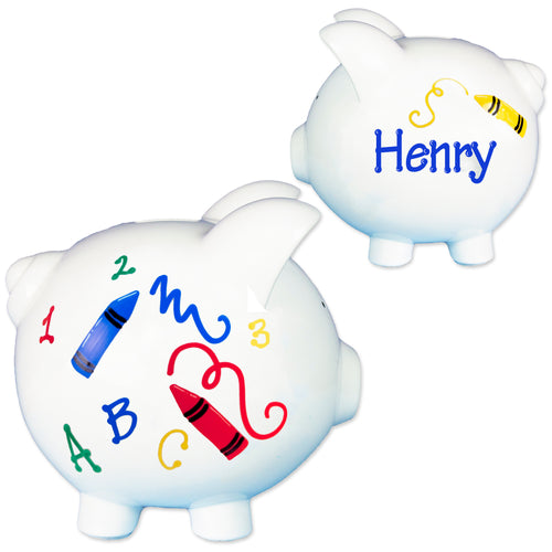 Handpainted childs piggy bank crayons primary