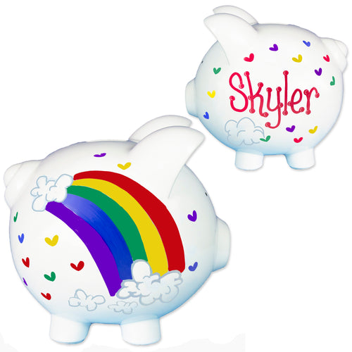 girls hand painted rainbow piggy bank