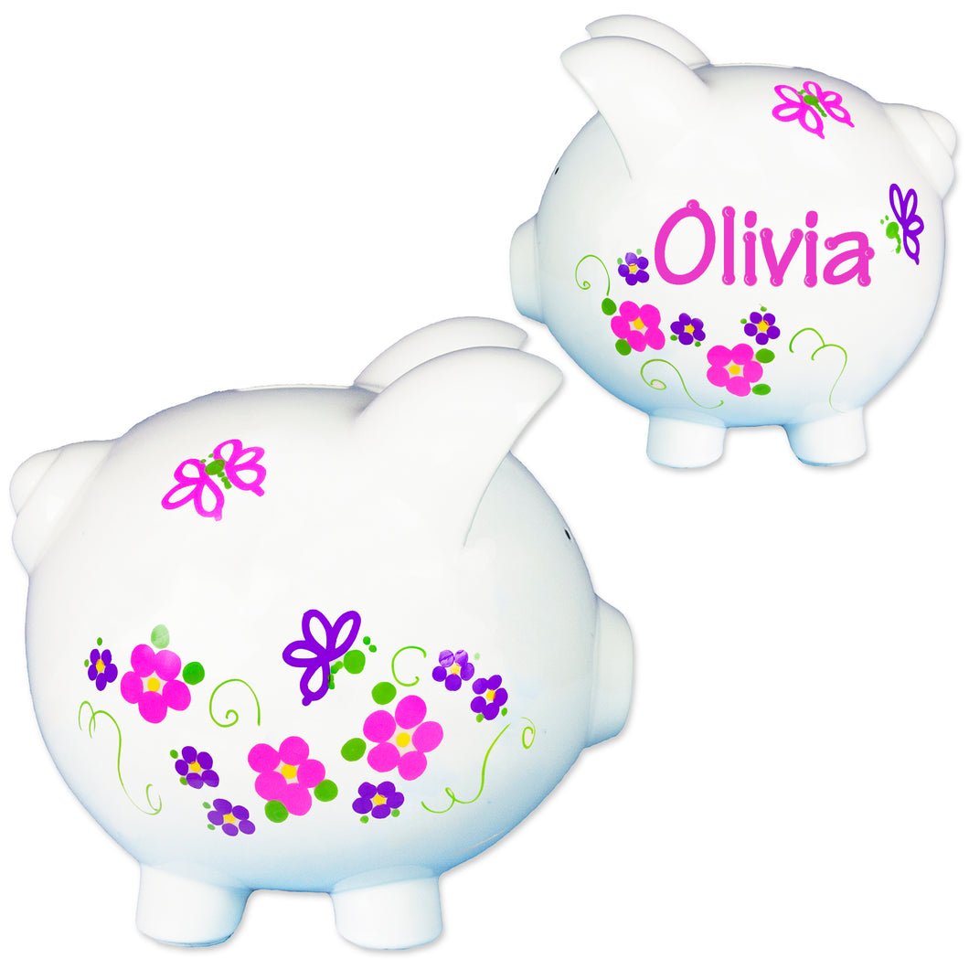 Girls personalized butterfly and flower hand painted piggy ban