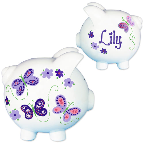 personalized lavender butterflies piggy bank